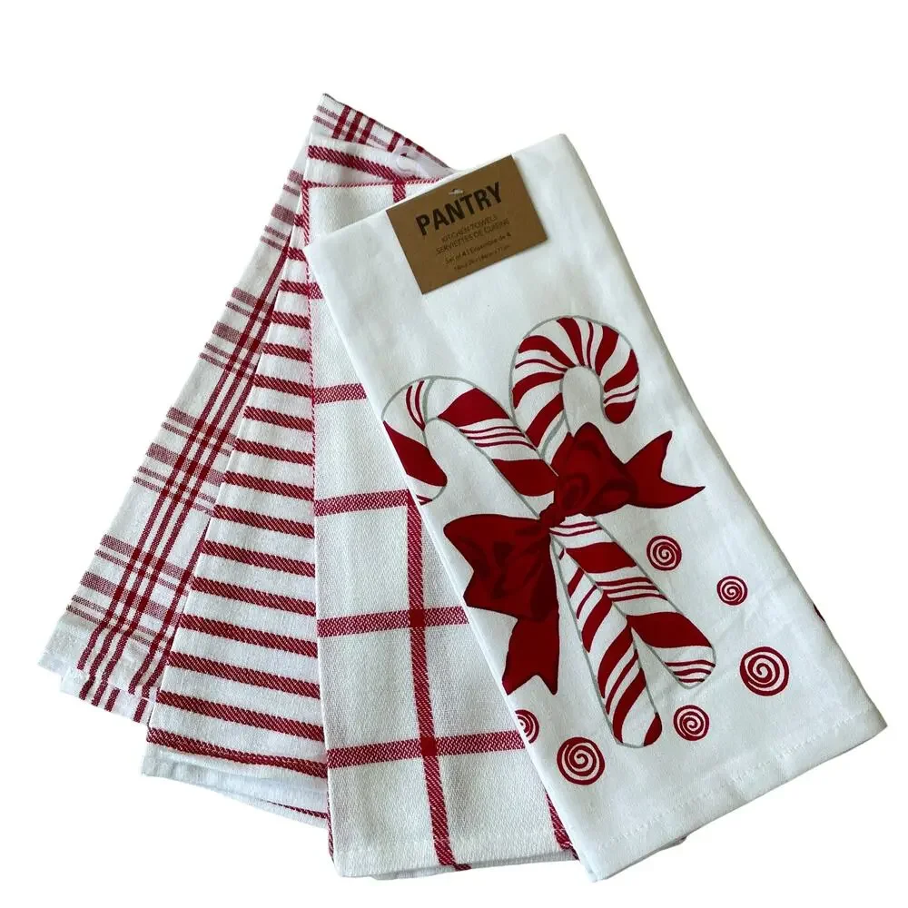 PANTRY 4pk Christmas Candy Cane Mints Kitchen Towel Set Holiday Red White New